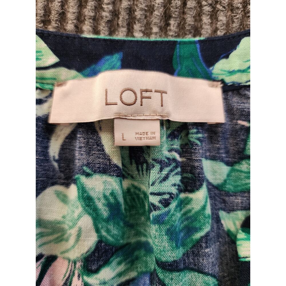 LOFT Women's Large Blue Floral Leaf Print V-Neck Dress Tropical Hawaiian - Picture 5 of 8